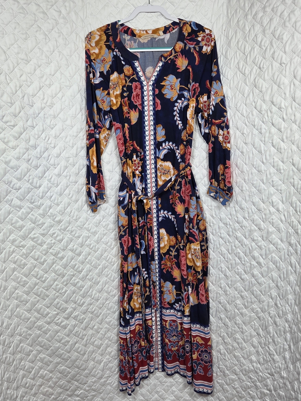 Soft Surroundings Maxi Dress M Navy Blue Floral Boho Long Sleeve Gypsy
